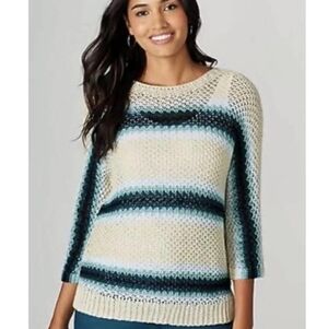 J. Jill Women's Tan Green Navy Open Knit Crochet Top Size Medium
